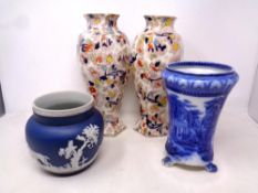 Two brown chintz vases together with an antique Maling blue and white vase and a further Jasperware