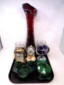 A tray of assorted glass ware to include Venetian glass vase, pair of cut glass lustres,