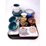 A tray of nineteen pieces of Denby Green Wheat tea china together with a miniature copper kettle,