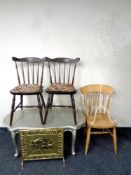 A pair of spindle back kitchen chairs together with a further pine spindle back kitchen chair,