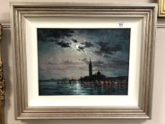 Andrew Grant Kurtis : Moonlight Sparkle, Venice, oil on panel, signed, 30 cm x 40 cm,