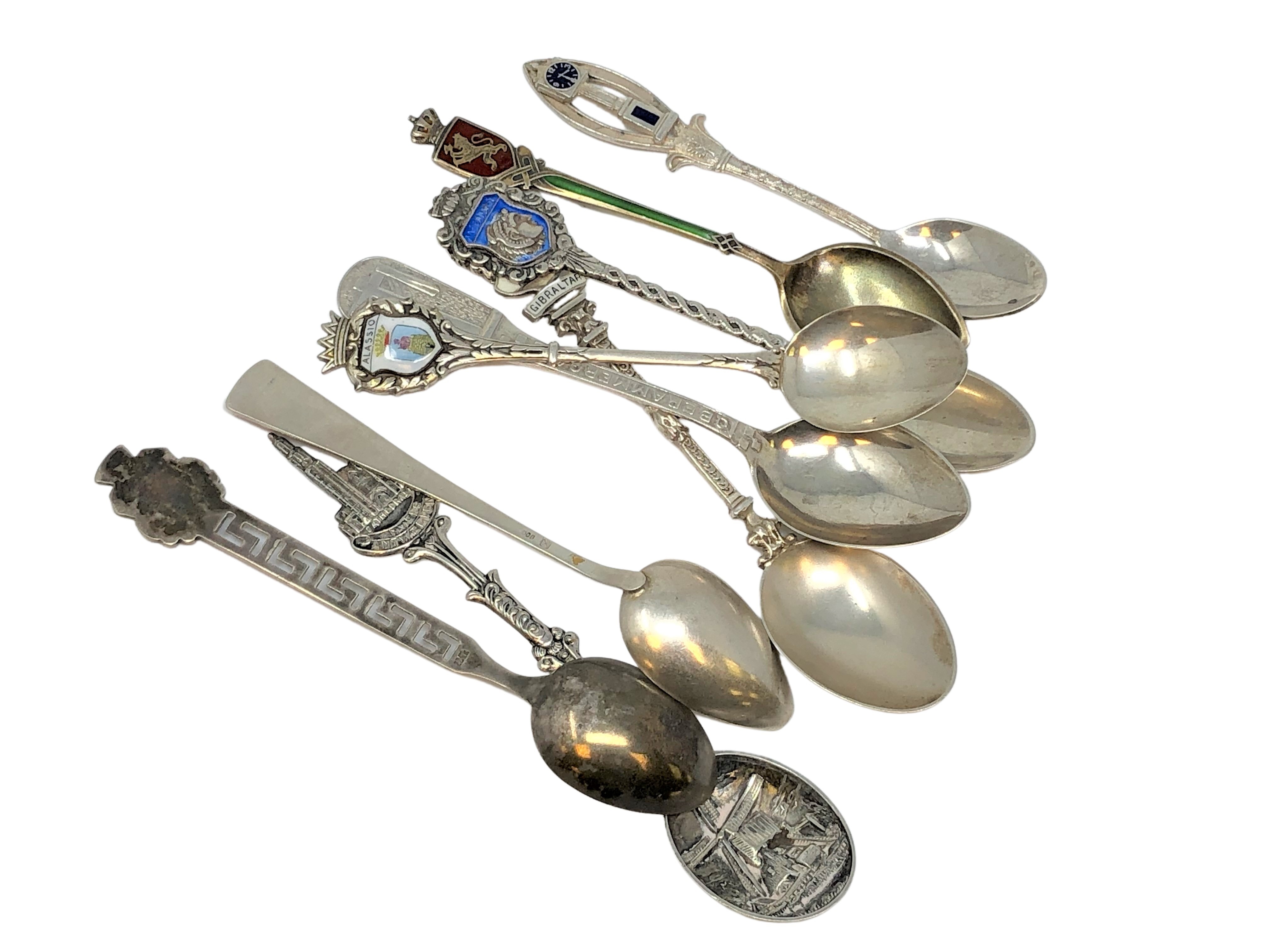 Nine assorted silver and enamel spoons.