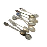 Nine assorted silver and enamel spoons.