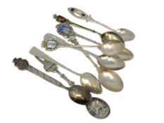Nine assorted silver and enamel spoons.