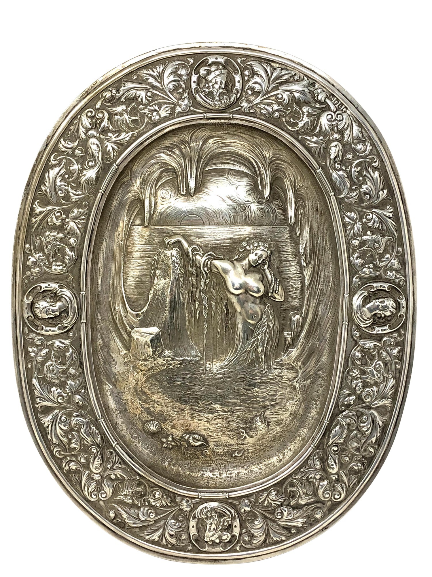 A fine Victorian silver plaque depicting a scene from mythology by Francis Boone Thomas, 32 oz.