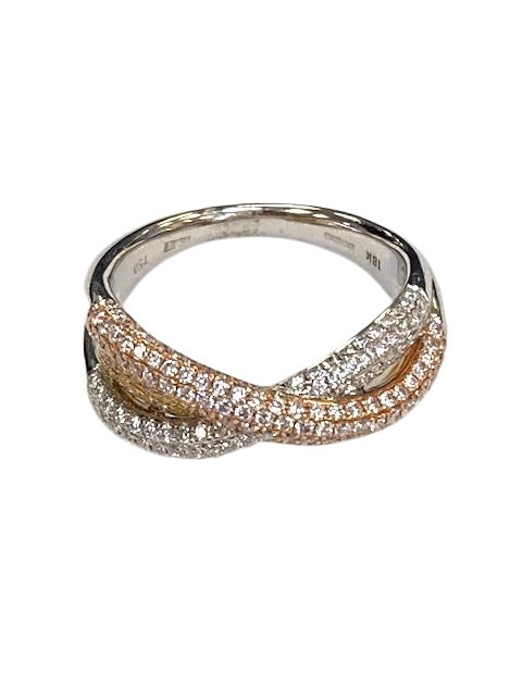 An 18ct rose, yellow and white gold pave set diamond cross over style ring, approximately 0.