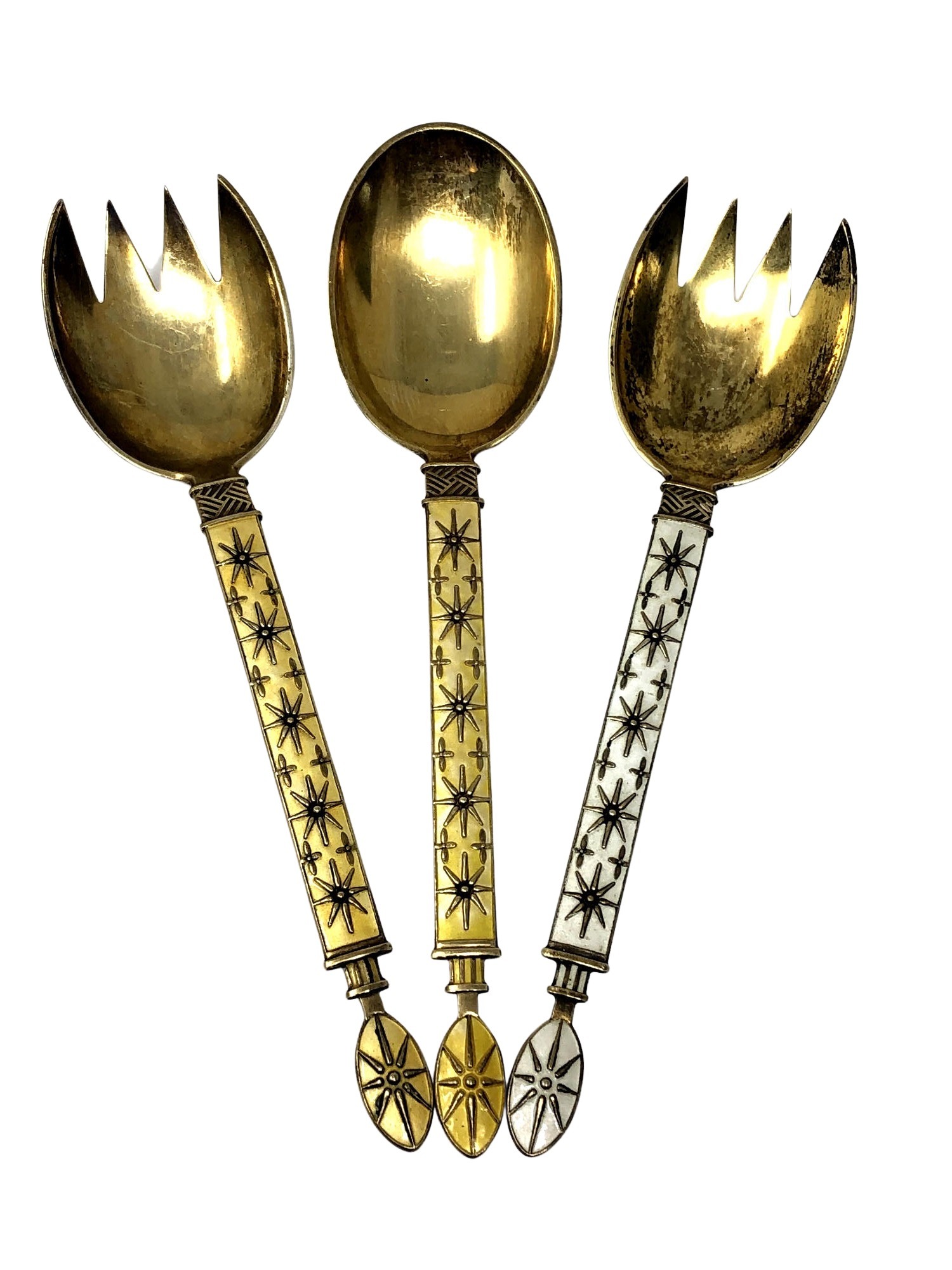 Three fine quality Norwegian silver gilt and enamel serving spoons by J.