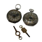 Two very ornate Victorian silver fob watches with gold detail on silver dials, one by JW Ramsay,