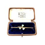 A 15ct gold brooch set with three heart shaped opals and central pearl