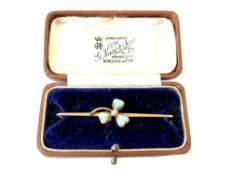 A 15ct gold brooch set with three heart shaped opals and central pearl