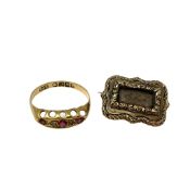 An antique 18ct gold ruby and diamond ring and an early 19th century gold memorial brooch.