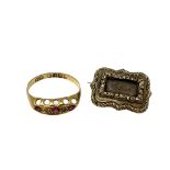 An antique 18ct gold ruby and diamond ring and an early 19th century gold memorial brooch.