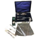 Assorted silver and plated items including part vanity set, boxed silver serviette ring,