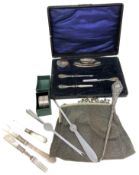 Assorted silver and plated items including part vanity set, boxed silver serviette ring,