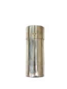 A silver cylindrical coin holder
