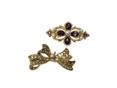 Two gold brooches set with amethysts and seed pearls