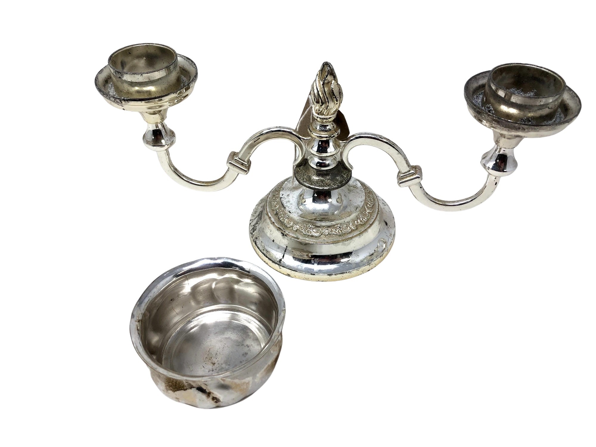 A silver plated two branch candle holder with dish