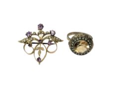 A 9ct gold brooch together with a vintage ring