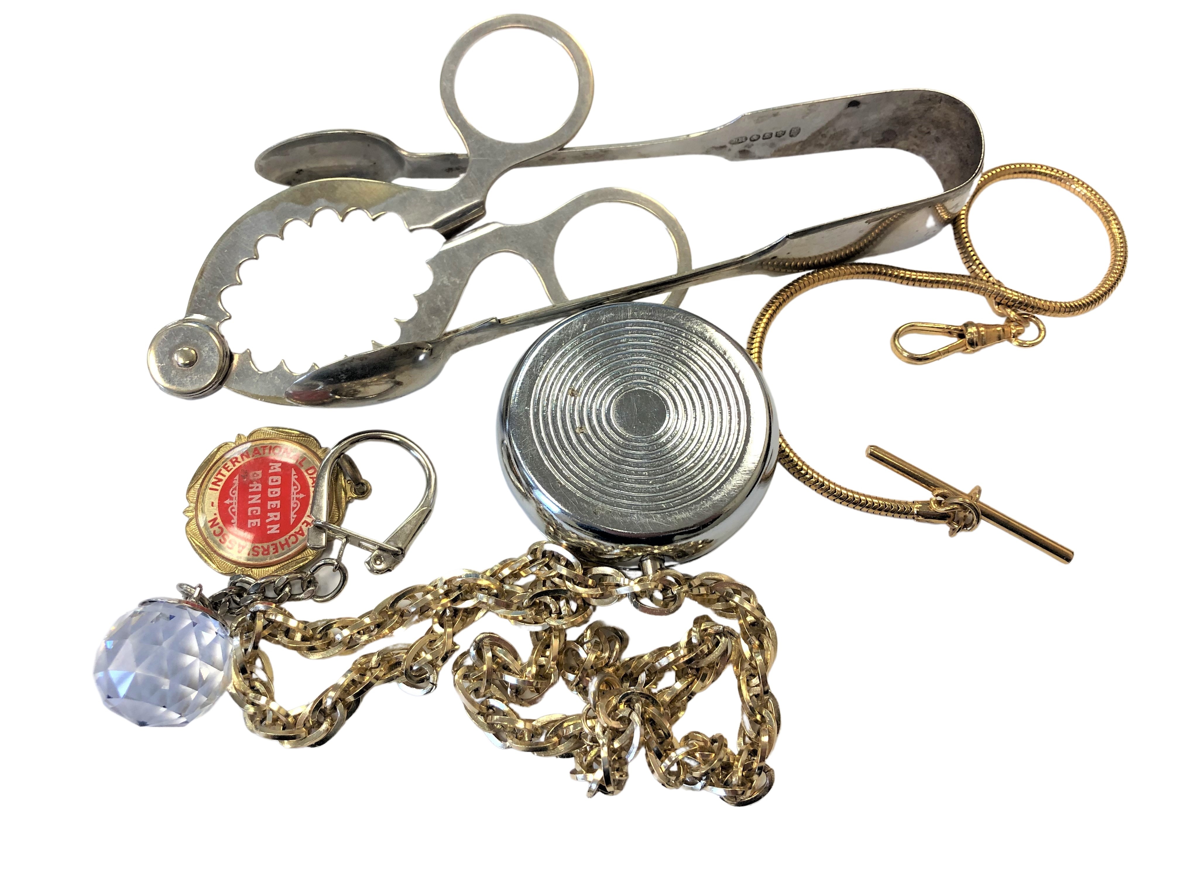 A small quantity of costume items including pocket watch chain, silver plated tongs,