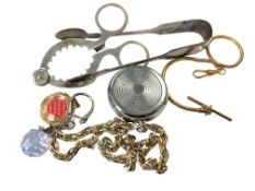 A small quantity of costume items including pocket watch chain, silver plated tongs,