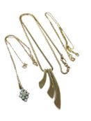Three 9ct gold necklaces, (one with cluster pendant), 17.1g gross.