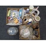 Three boxes of ceramics and glass ware - Ringtons, Victorian teapot, cake stand, figures,