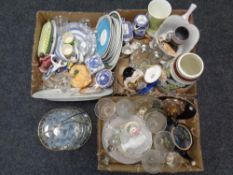 Three boxes of ceramics and glass ware - Ringtons, Victorian teapot, cake stand, figures,