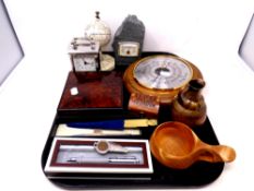 A tray of miscellany to include Daymaster circular barometer, boxed pens to include Parker,