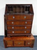 A mahogany Regency style bureau and a fruit wood low coffee table (a/f)