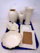 A tray of seven pieces of Lenox cream and gilt china - pair of photo frames, vases,