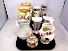 A tray of antique ceramics - 19th century Imari pattern jug, transfer printed vases by Corona ware,