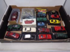 A box of die cast and plastic vehicles - delivery van, classic cars,