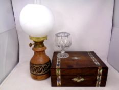 A tray of 19th century walnut mother of pearl inlaid jewellery box containing Citizen wristwatch,