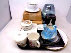 A tray of assorted ceramics to include four Queen Elizabeth golden jubilee teacups and saucers,