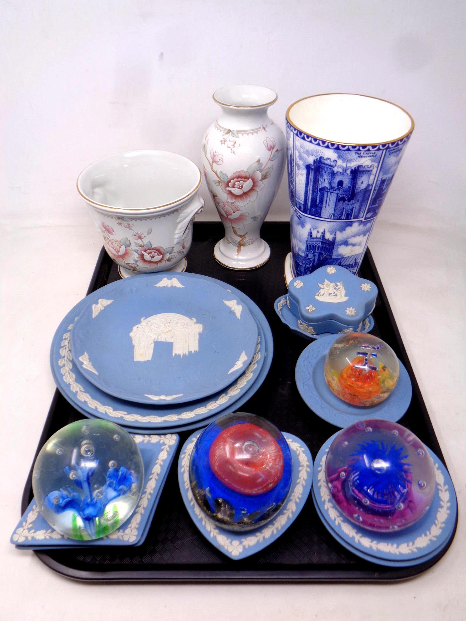 A tray of eleven pieces of Wedgwood Jasperware, four glass paperweights,