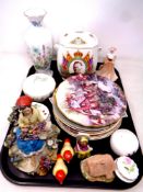 A tray of assorted antique and later ceramics to include coronation caddy,