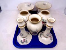 A tray of seven pieces of Lenox Serenade china - pair of vases, candlesticks, planter,