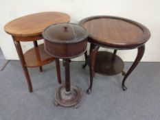 A beech wood sewing box on stand and two occasional tables