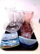 A tray of lead crystal bowl and vases, art glass ashtray,