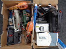 Two boxes of assorted power tools, site light,