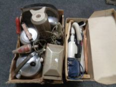 A box of vintage Belling handy heater, kettles, scales,