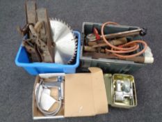 Two boxes of vintage wood working tools, saw blades,