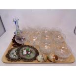 A tray of studio glass vases, lead crystal sundae dishes,