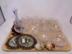 A tray of studio glass vases, lead crystal sundae dishes,
