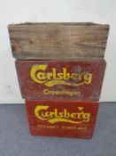 Two hand painted Carlsberg Brewery crates and a further pine crate Greenland Shrimps