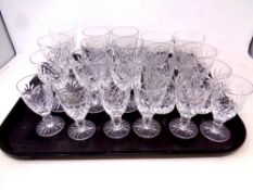 A tray of lead crystal drinking glasses to include tumblers, whisky glasses,