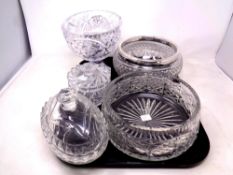 A tray of five pieces of cut glass and lead crystal - plated rimmed bowl, bowl, comport,