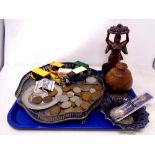 A tray of miscellany to include silver plated gallery tray, die cast vehicles, assorted coins,