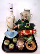 A tray of antique and later ceramics to include a pair of Staffordshire cow spill vases,