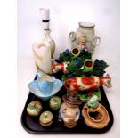 A tray of antique and later ceramics to include a pair of Staffordshire cow spill vases,